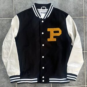 NWT New Purdue Varsity Letterman Jacket Men Homefield Indiana Black White Gold